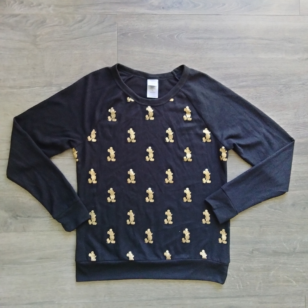 Disney Black Lightweight Gold Design Long Sleeve Mickey Mouse Sweater Size M